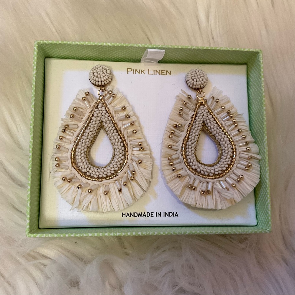 Pink Linen Raffia & Bead Earrings - New in Box - Picture 2 of 6